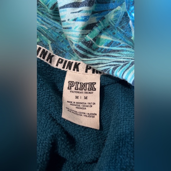 VICTORIA’S SECRET PINK Teal Perfect ZIP HOODIE Logo Tropical Palm Medium - Picture 6 of 6